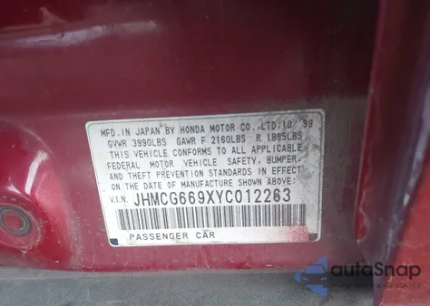 2000 Honda Accord 2.3 Se из США, поврежденный, VIN JHMCG669XYC012263